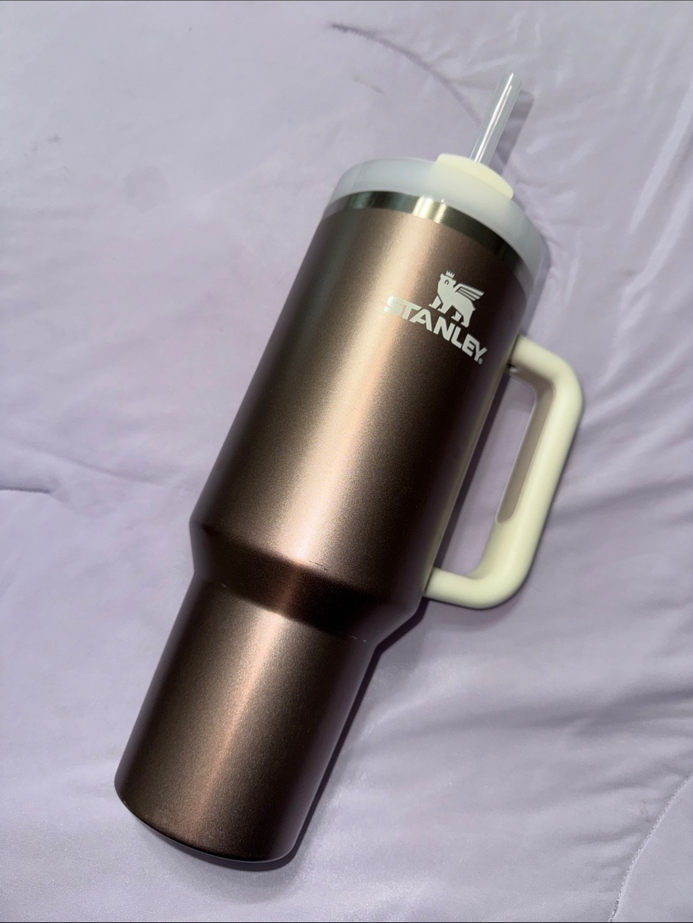 Stanley 40oz Metallic Rose Gold Travel Tumbler with White Handle & Straw Lid